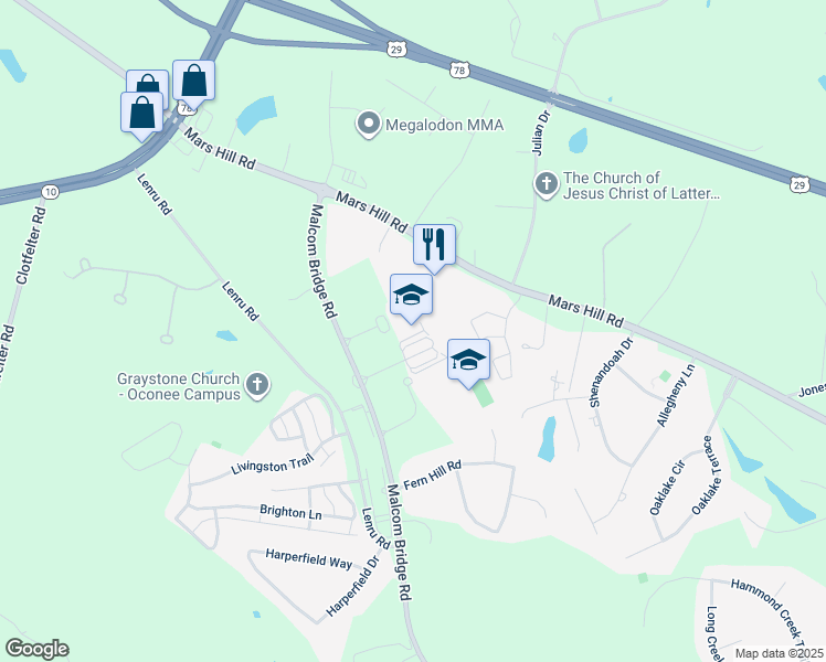 map of restaurants, bars, coffee shops, grocery stores, and more near 2600 Malcom Bridge Road in Bogart