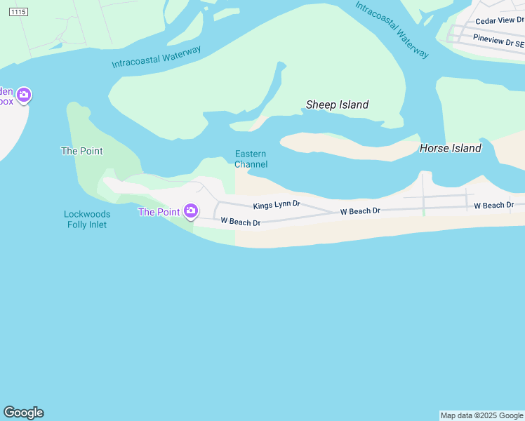 map of restaurants, bars, coffee shops, grocery stores, and more near 6605 Kings Lynn Drive in Oak Island