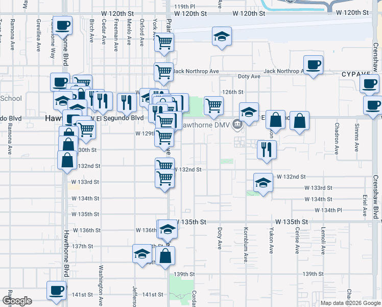 map of restaurants, bars, coffee shops, grocery stores, and more near 13023 Cordary Avenue in Hawthorne