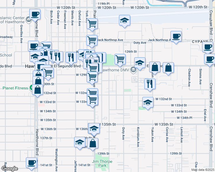 map of restaurants, bars, coffee shops, grocery stores, and more near 13023 Cordary Avenue in Hawthorne