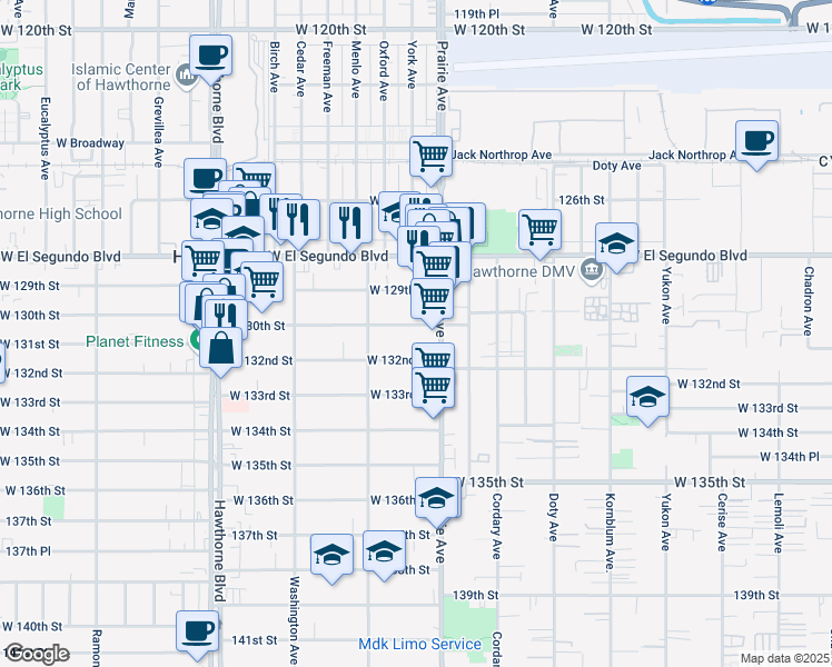 map of restaurants, bars, coffee shops, grocery stores, and more near 4034 West 130th Street in Hawthorne