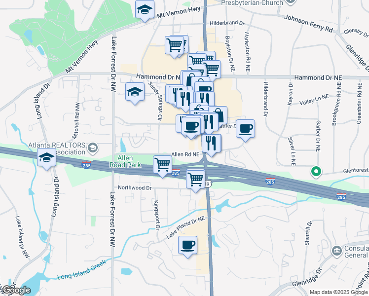 map of restaurants, bars, coffee shops, grocery stores, and more near 201a Allen Road Northeast in Sandy Springs