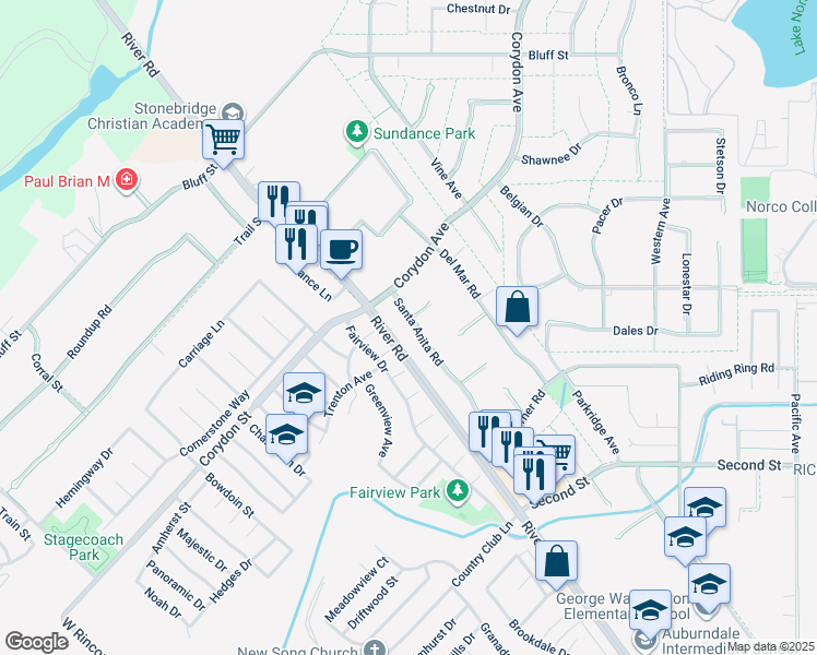 map of restaurants, bars, coffee shops, grocery stores, and more near 2344 Santa Anita Road in Norco