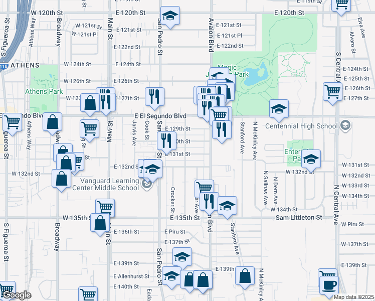 map of restaurants, bars, coffee shops, grocery stores, and more near 403 East 131st Street in Los Angeles