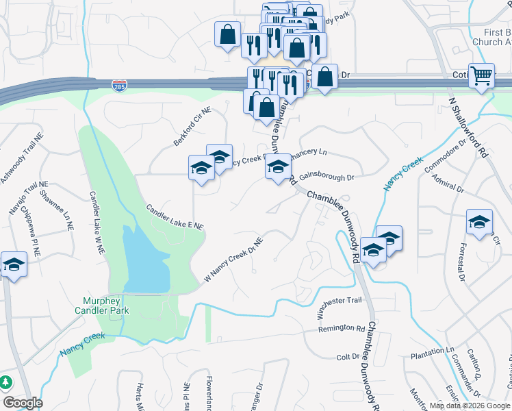 map of restaurants, bars, coffee shops, grocery stores, and more near 1701 Beverly Woods Court in Chamblee