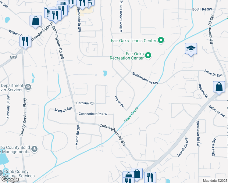 map of restaurants, bars, coffee shops, grocery stores, and more near 1601 Massachusetts Ave SW in Marietta