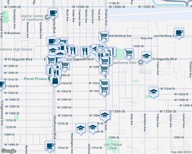 map of restaurants, bars, coffee shops, grocery stores, and more near 4062 West 130th Street in Hawthorne