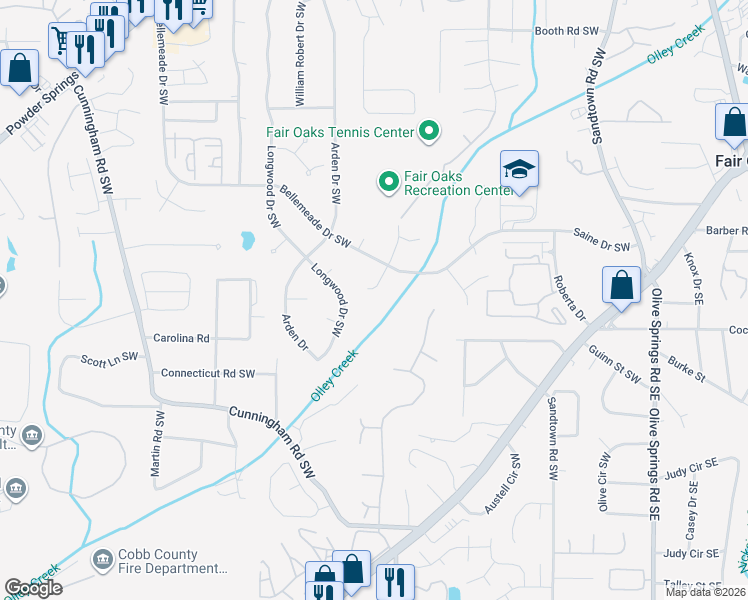 map of restaurants, bars, coffee shops, grocery stores, and more near 1550 Brandon Drive Southwest in Marietta