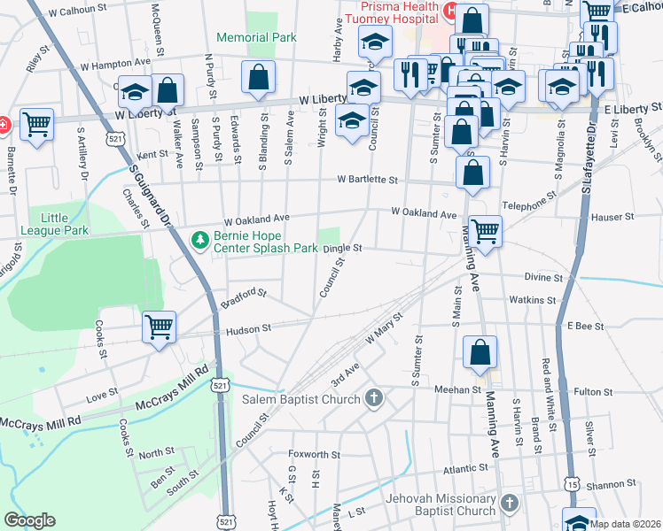 map of restaurants, bars, coffee shops, grocery stores, and more near 307 Wright Street in Sumter
