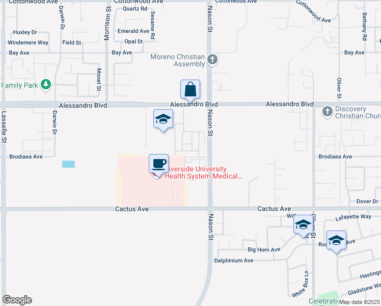 map of restaurants, bars, coffee shops, grocery stores, and more near 26871 Alessandro Boulevard in Moreno Valley