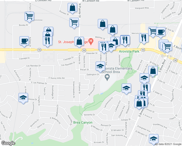 map of restaurants, bars, coffee shops, grocery stores, and more near 1019 Eadington Drive in Brea