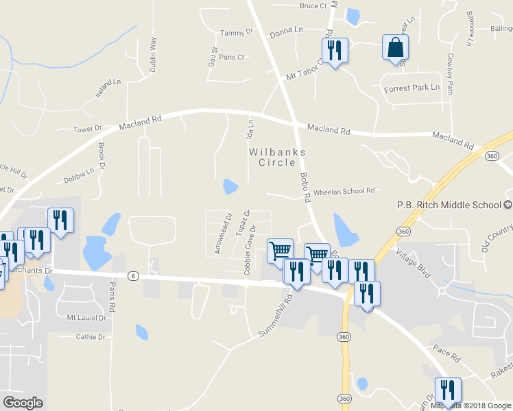 map of restaurants, bars, coffee shops, grocery stores, and more near 223 Topaz Drive in Dallas