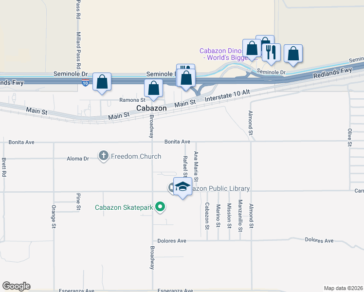 map of restaurants, bars, coffee shops, grocery stores, and more near 14290 Rafael Street in Cabazon