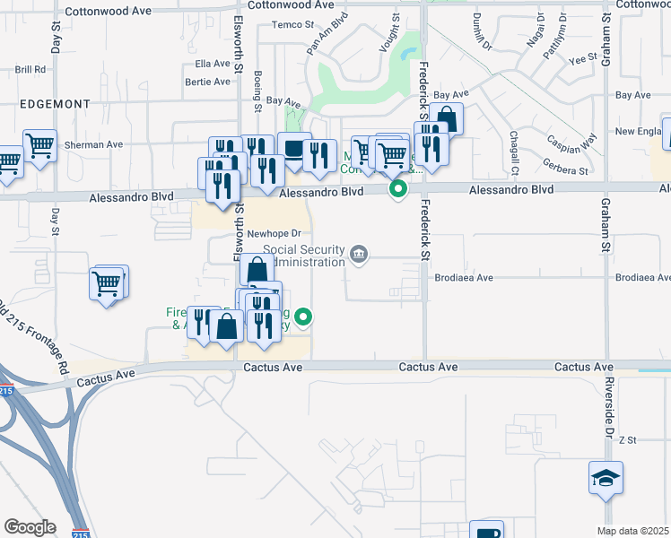 map of restaurants, bars, coffee shops, grocery stores, and more near 14225 Corporate Way in Moreno Valley