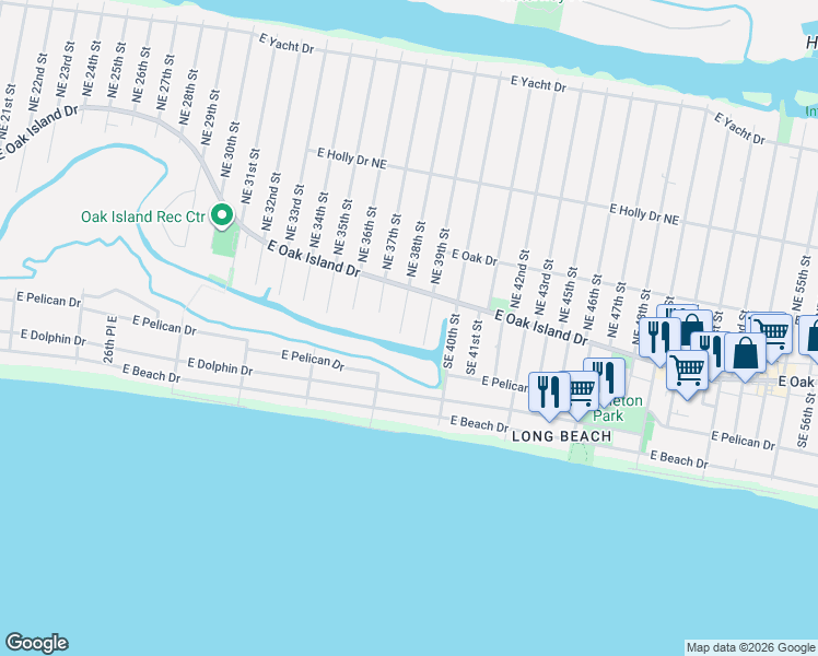 map of restaurants, bars, coffee shops, grocery stores, and more near 112-198 Southeast 39th Street in Oak Island