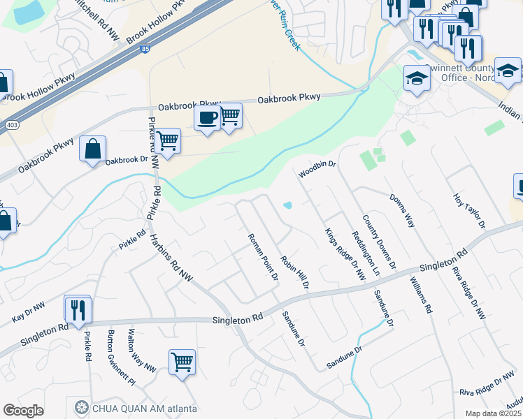map of restaurants, bars, coffee shops, grocery stores, and more near 1493 Robin Hill Drive in Norcross