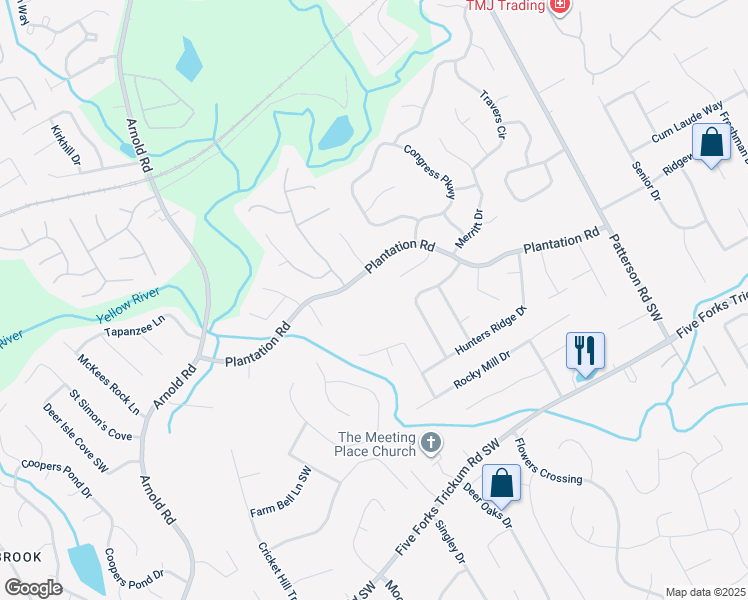 map of restaurants, bars, coffee shops, grocery stores, and more near 2150 Plantation Road in Lawrenceville