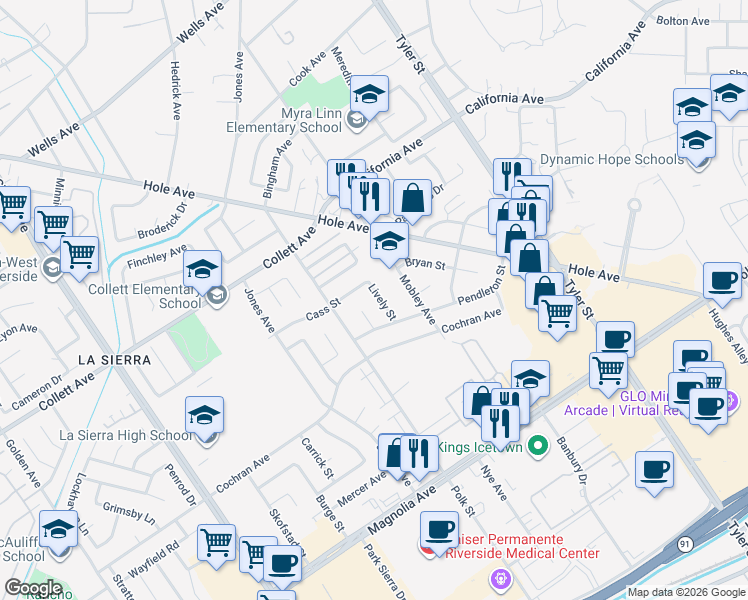 map of restaurants, bars, coffee shops, grocery stores, and more near 4070 Rupley Place in Riverside
