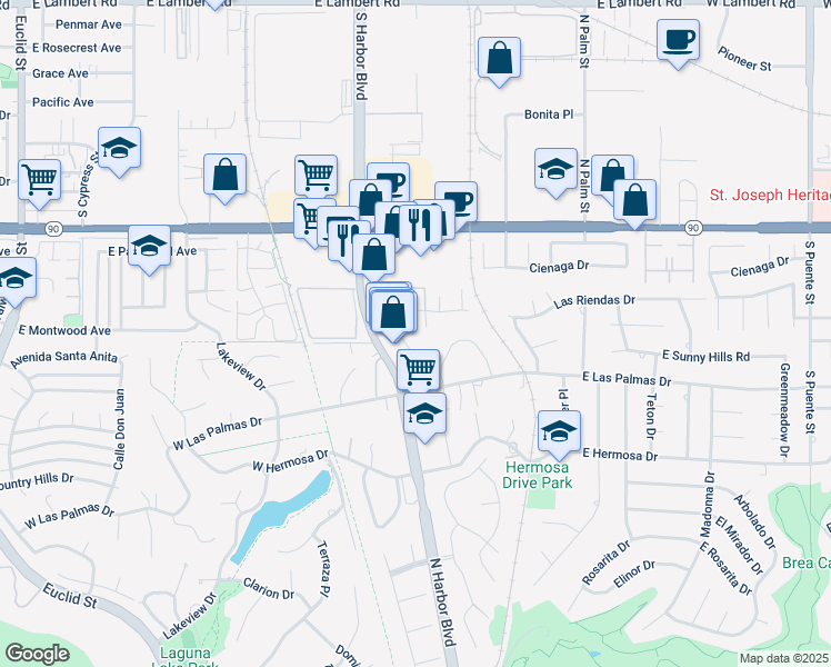 map of restaurants, bars, coffee shops, grocery stores, and more near 1472 South Harbor Boulevard in La Habra
