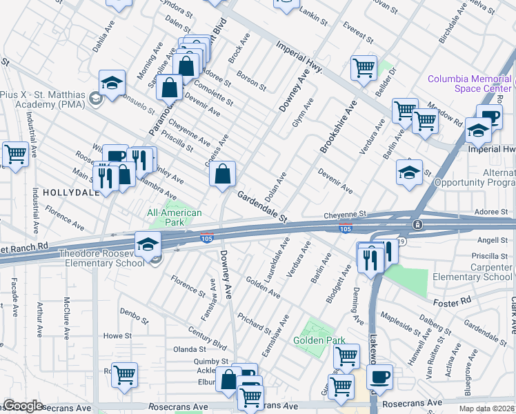 map of restaurants, bars, coffee shops, grocery stores, and more near 8350 Gardendale Street in Paramount