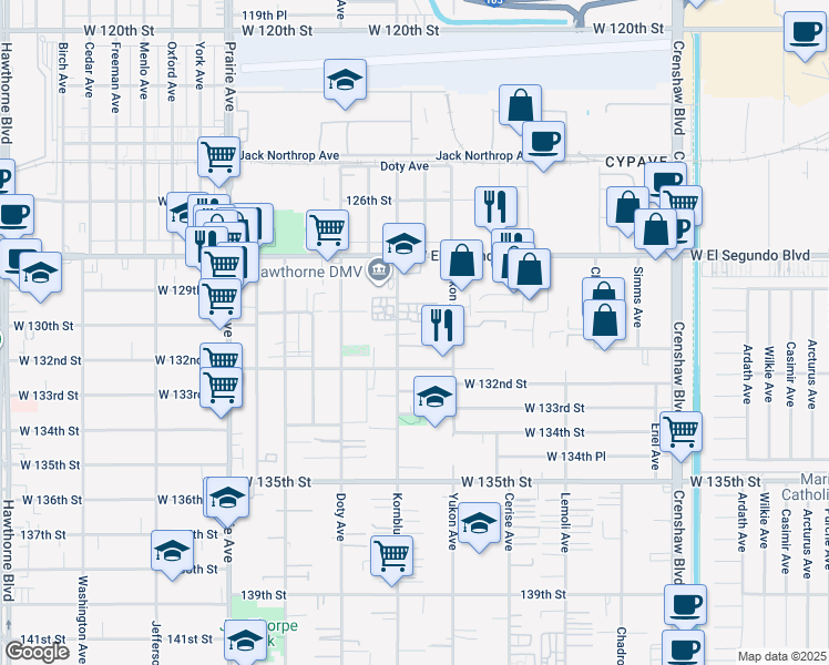 map of restaurants, bars, coffee shops, grocery stores, and more near 13106 1/2 Kornblum Avenue in Hawthorne
