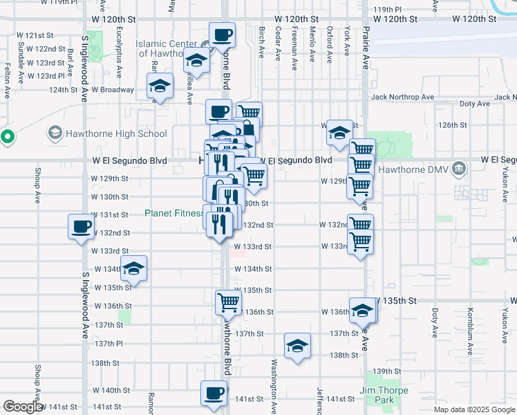 map of restaurants, bars, coffee shops, grocery stores, and more near 4319 West 132nd Street in Hawthorne