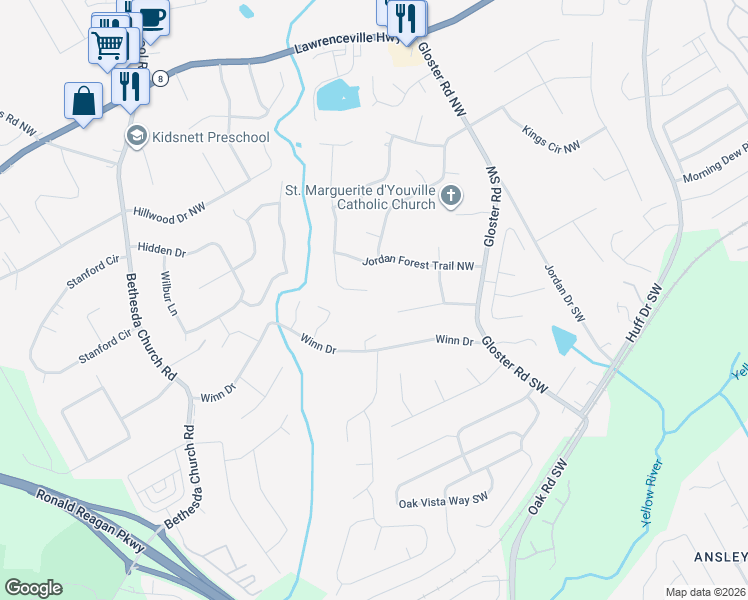 map of restaurants, bars, coffee shops, grocery stores, and more near 40 Saratoga Drive Northwest in Lawrenceville