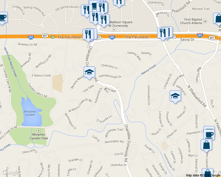 map of restaurants, bars, coffee shops, grocery stores, and more near 1848 Preserve Way in Atlanta