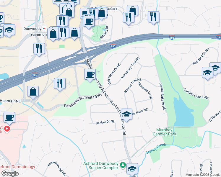 map of restaurants, bars, coffee shops, grocery stores, and more near 4091 Oak Forest Drive Northeast in Atlanta