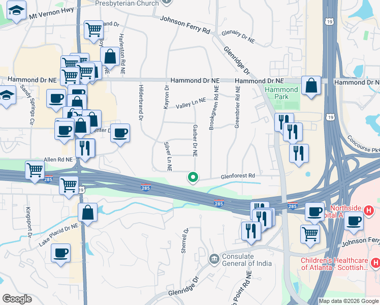 map of restaurants, bars, coffee shops, grocery stores, and more near 5805 Garber Drive Northeast in Atlanta