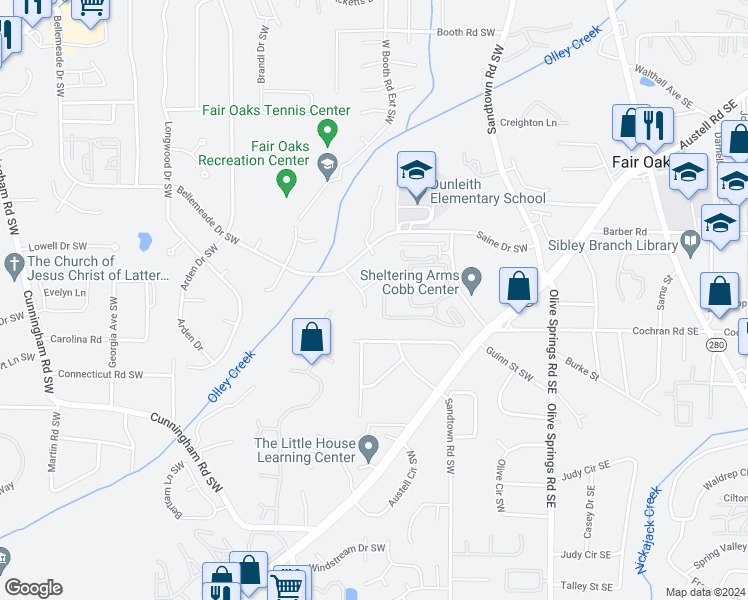 map of restaurants, bars, coffee shops, grocery stores, and more near 1595 Oakpoint Drive Southwest in Marietta