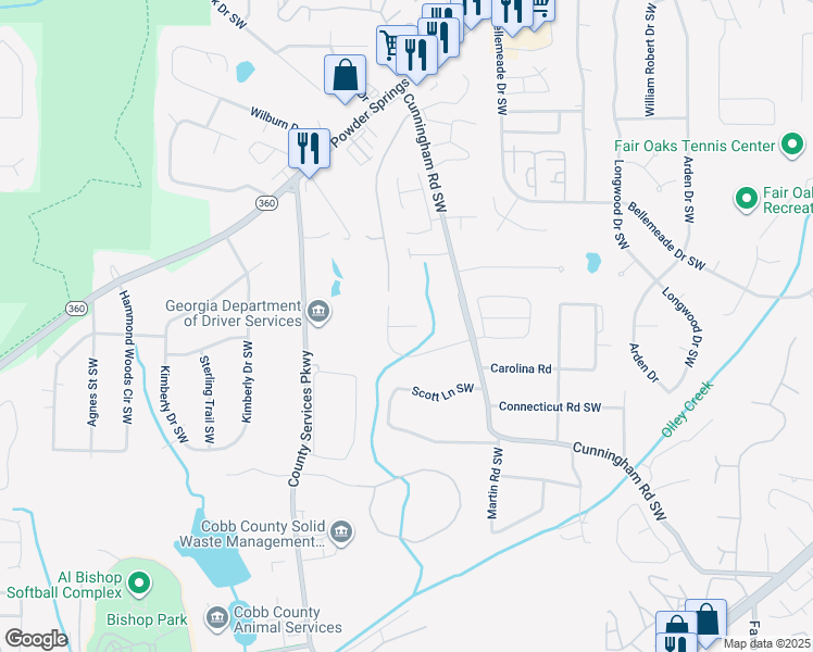 map of restaurants, bars, coffee shops, grocery stores, and more near 836 Pastel Drive Southwest in Marietta
