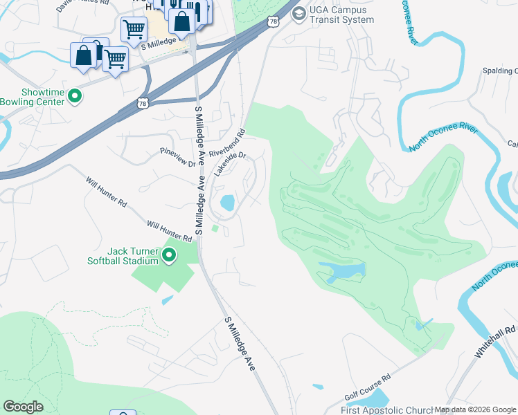 map of restaurants, bars, coffee shops, grocery stores, and more near 2070 Lakeside Drive in Athens