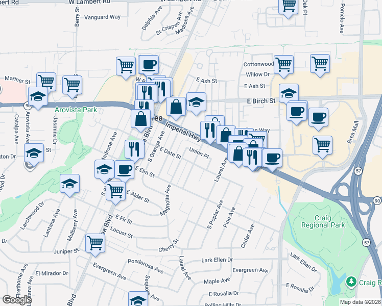 map of restaurants, bars, coffee shops, grocery stores, and more near 410 Union Place in Brea