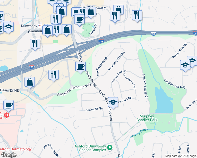 map of restaurants, bars, coffee shops, grocery stores, and more near 4091 Oak Forest Drive Northeast in Atlanta