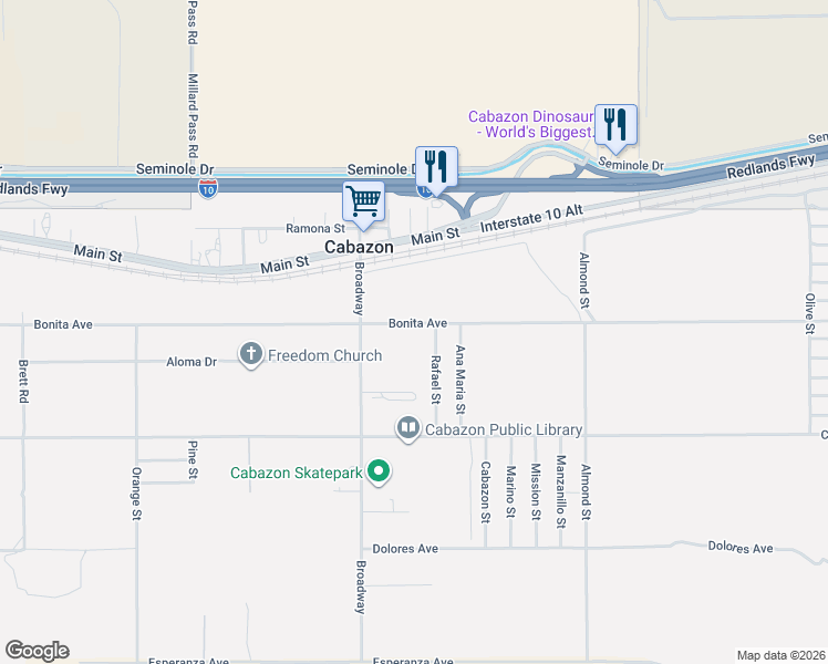 map of restaurants, bars, coffee shops, grocery stores, and more near in Cabazon