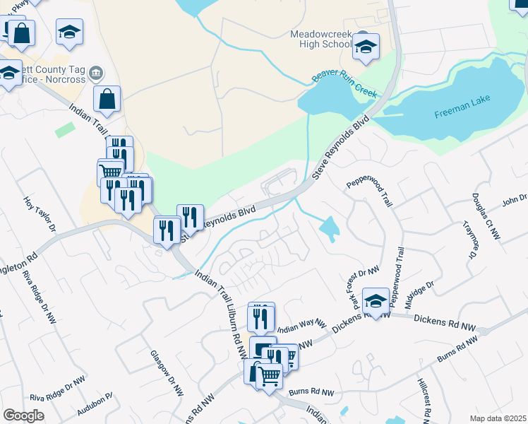 map of restaurants, bars, coffee shops, grocery stores, and more near 4826 Steve Reynolds Boulevard in Norcross