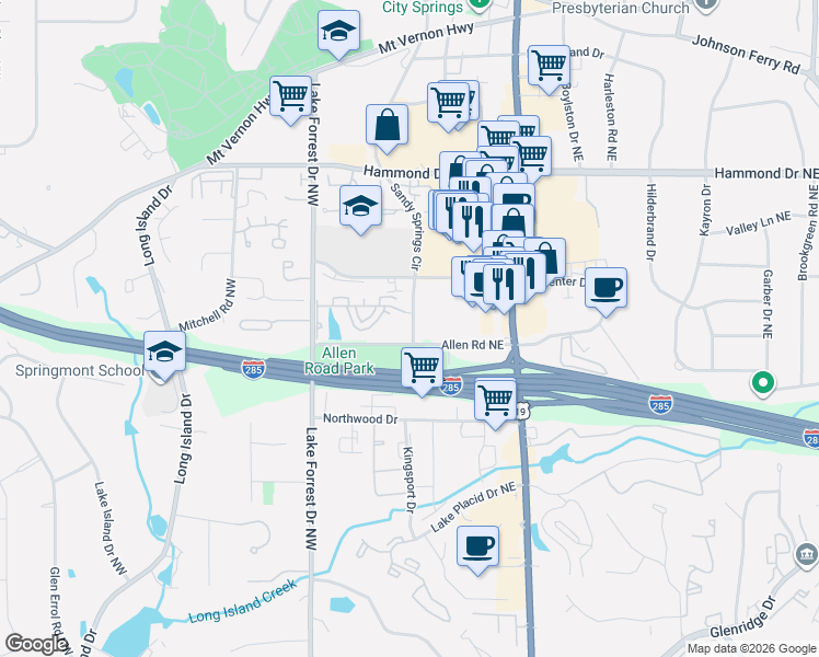 map of restaurants, bars, coffee shops, grocery stores, and more near 92 Allen Road Northeast in Sandy Springs