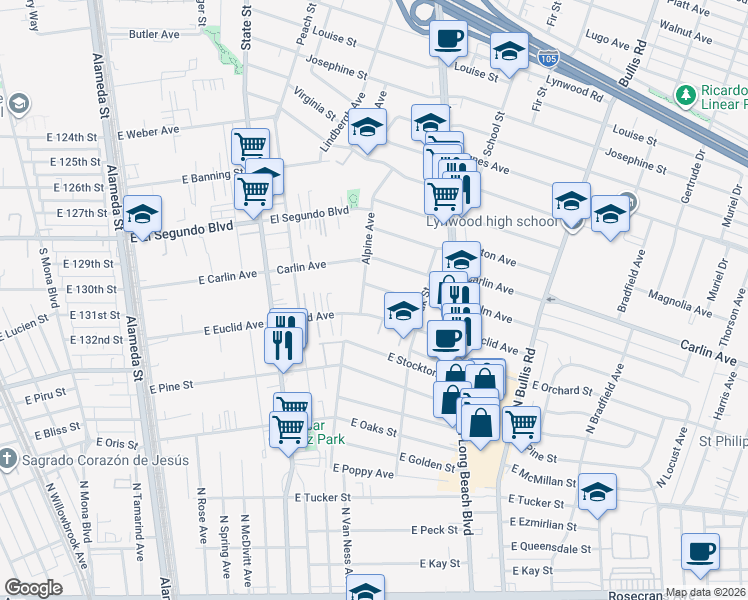 map of restaurants, bars, coffee shops, grocery stores, and more near 3226 Palm Avenue in Lynwood