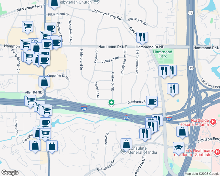 map of restaurants, bars, coffee shops, grocery stores, and more near 5805 Garber Drive Northeast in Atlanta
