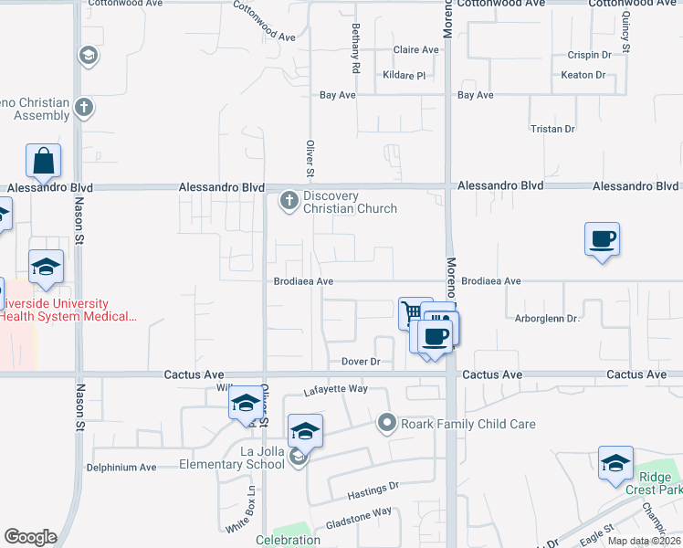 map of restaurants, bars, coffee shops, grocery stores, and more near 27718 Brodiaea Avenue in Moreno Valley
