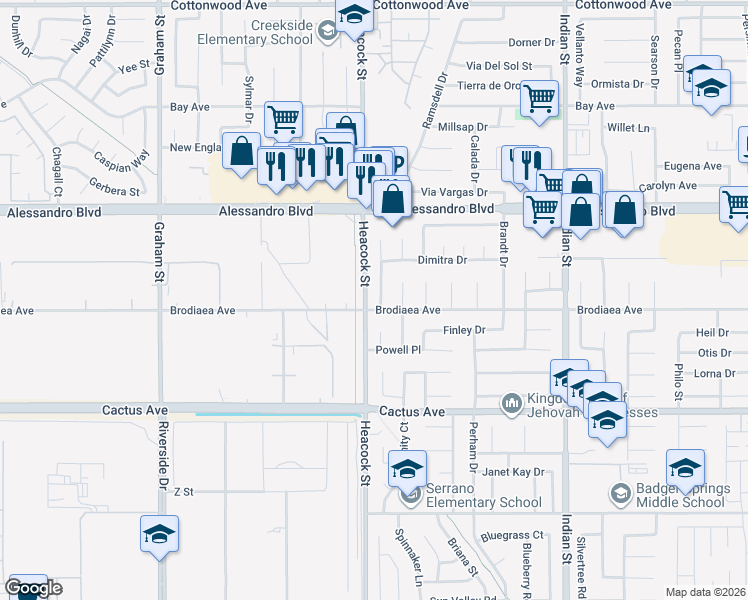 map of restaurants, bars, coffee shops, grocery stores, and more near 14231 Travers Drive in Moreno Valley
