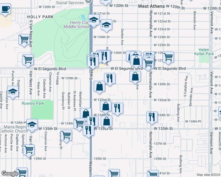 map of restaurants, bars, coffee shops, grocery stores, and more near 1646 West 130th Street in Gardena