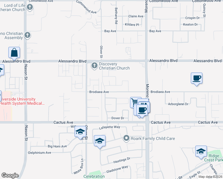 map of restaurants, bars, coffee shops, grocery stores, and more near 27718 Brodiaea Avenue in Moreno Valley