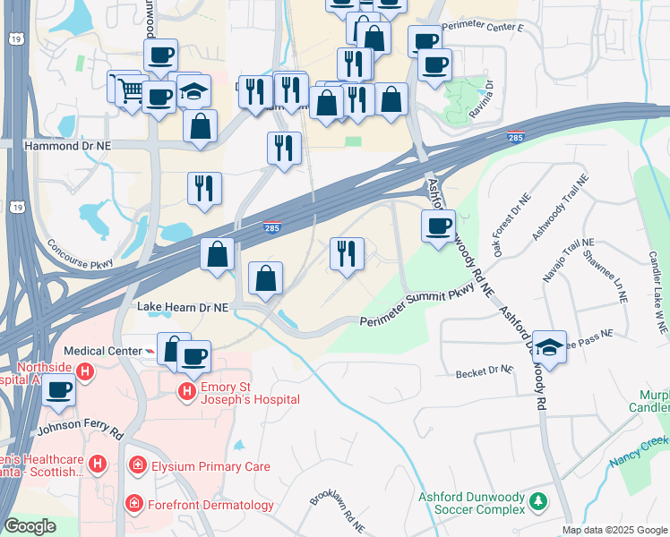 map of restaurants, bars, coffee shops, grocery stores, and more near 3003 Summit Boulevard Northeast in Atlanta