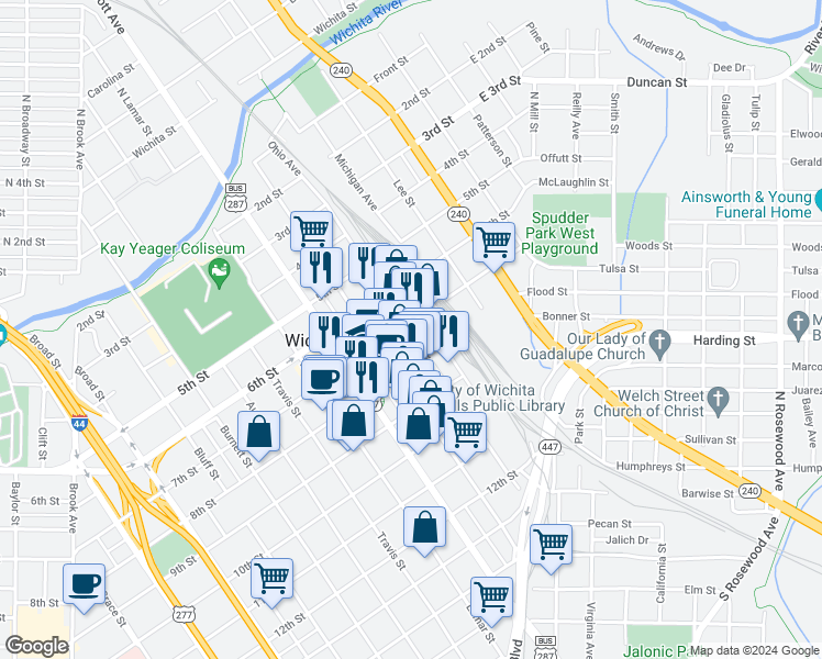 map of restaurants, bars, coffee shops, grocery stores, and more near 717 Ohio Avenue in Wichita Falls