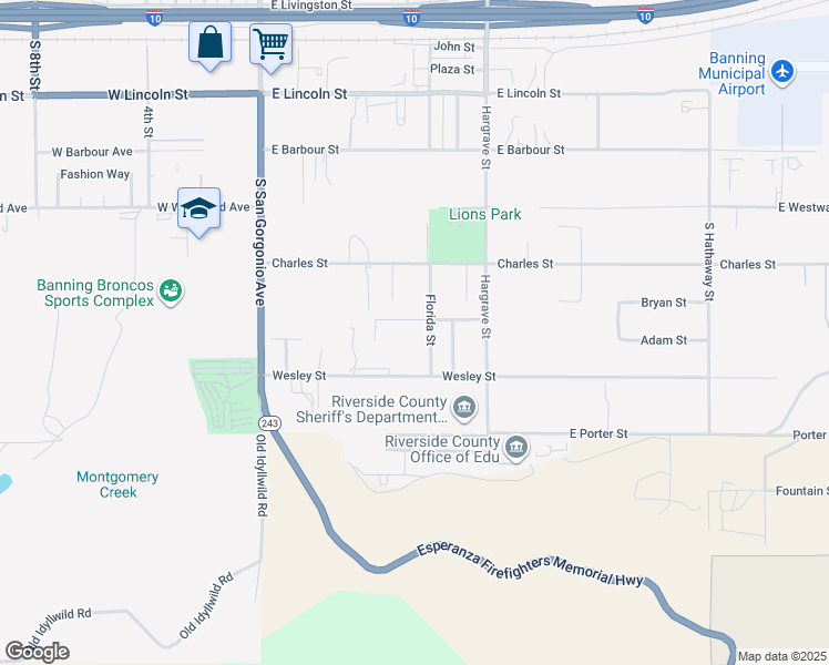 map of restaurants, bars, coffee shops, grocery stores, and more near 514 Victory Avenue in Banning