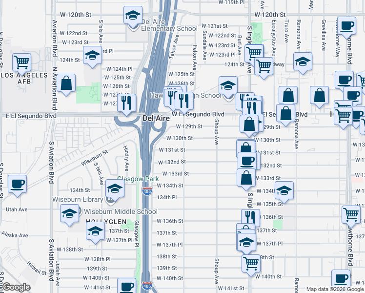 map of restaurants, bars, coffee shops, grocery stores, and more near 5022 West 131st Street in Hawthorne