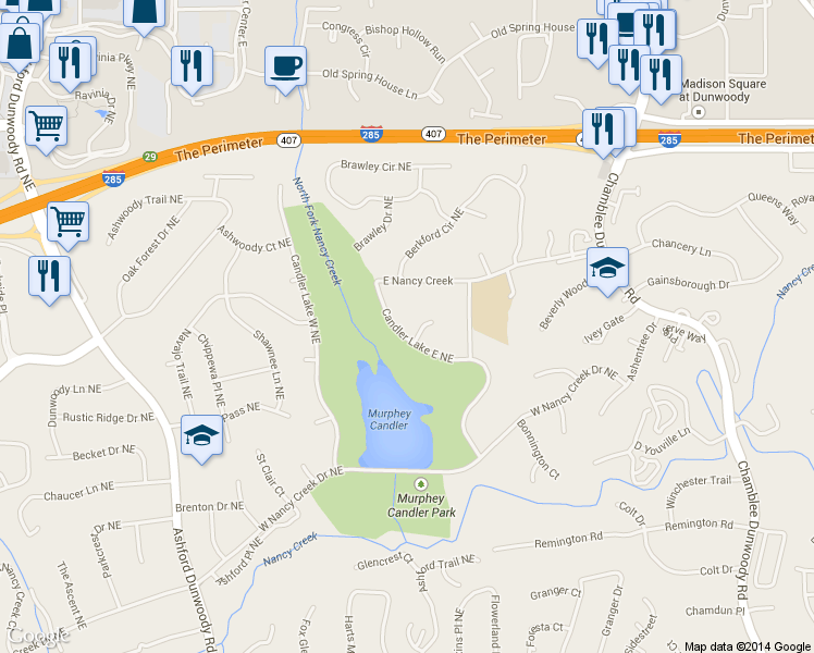 map of restaurants, bars, coffee shops, grocery stores, and more near 4392 Candler Lake E NE in Atlanta