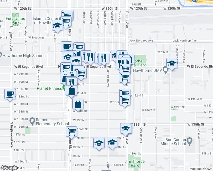 map of restaurants, bars, coffee shops, grocery stores, and more near 13101 Jefferson Avenue in Hawthorne
